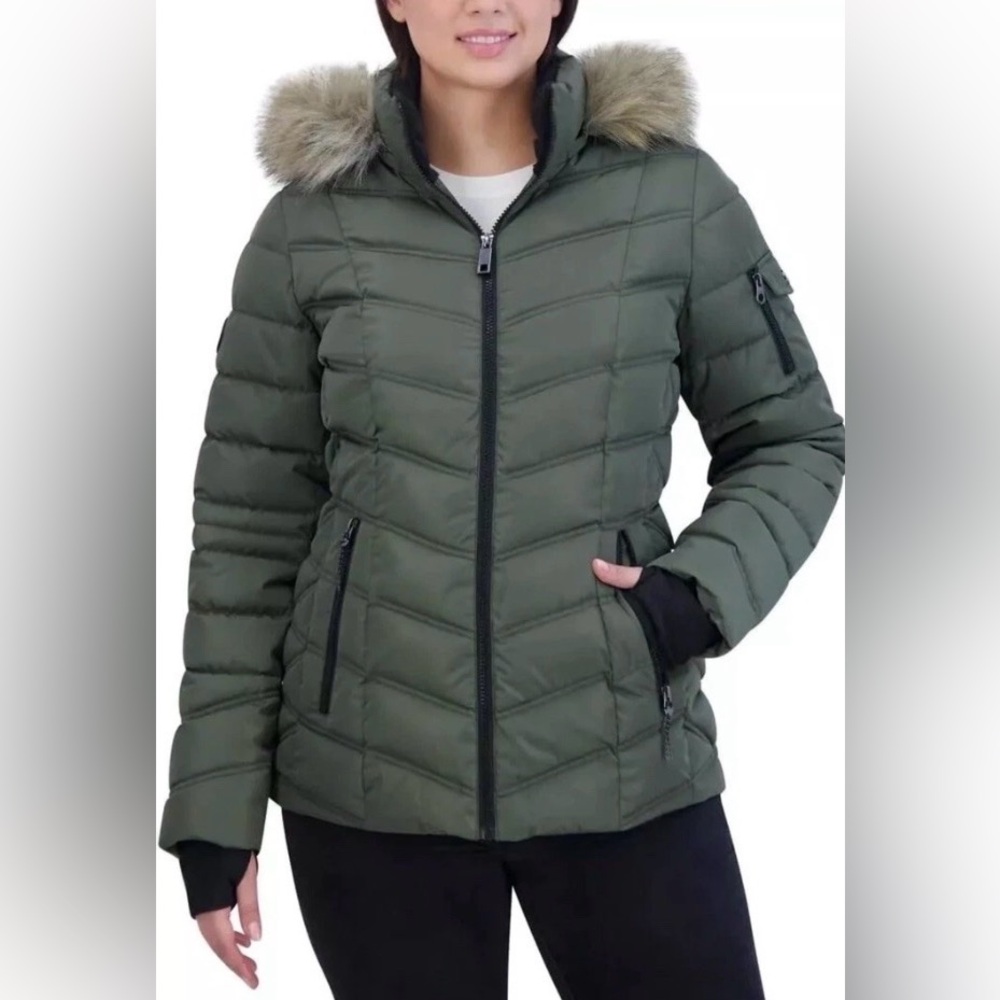 Nautica Ladies’ Water-Resistant with Faux Fur Hood Jacket, Green Size Large NEW
